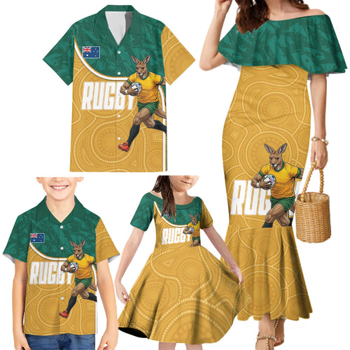 Personalised Australia Rugby Family Matching Mermaid Dress and Hawaiian Shirt Wallabies Kangaroo Player Aboriginal Pattern