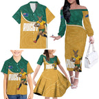 Personalised Australia Rugby Family Matching Off The Shoulder Long Sleeve Dress and Hawaiian Shirt Wallabies Kangaroo Player Aboriginal Pattern