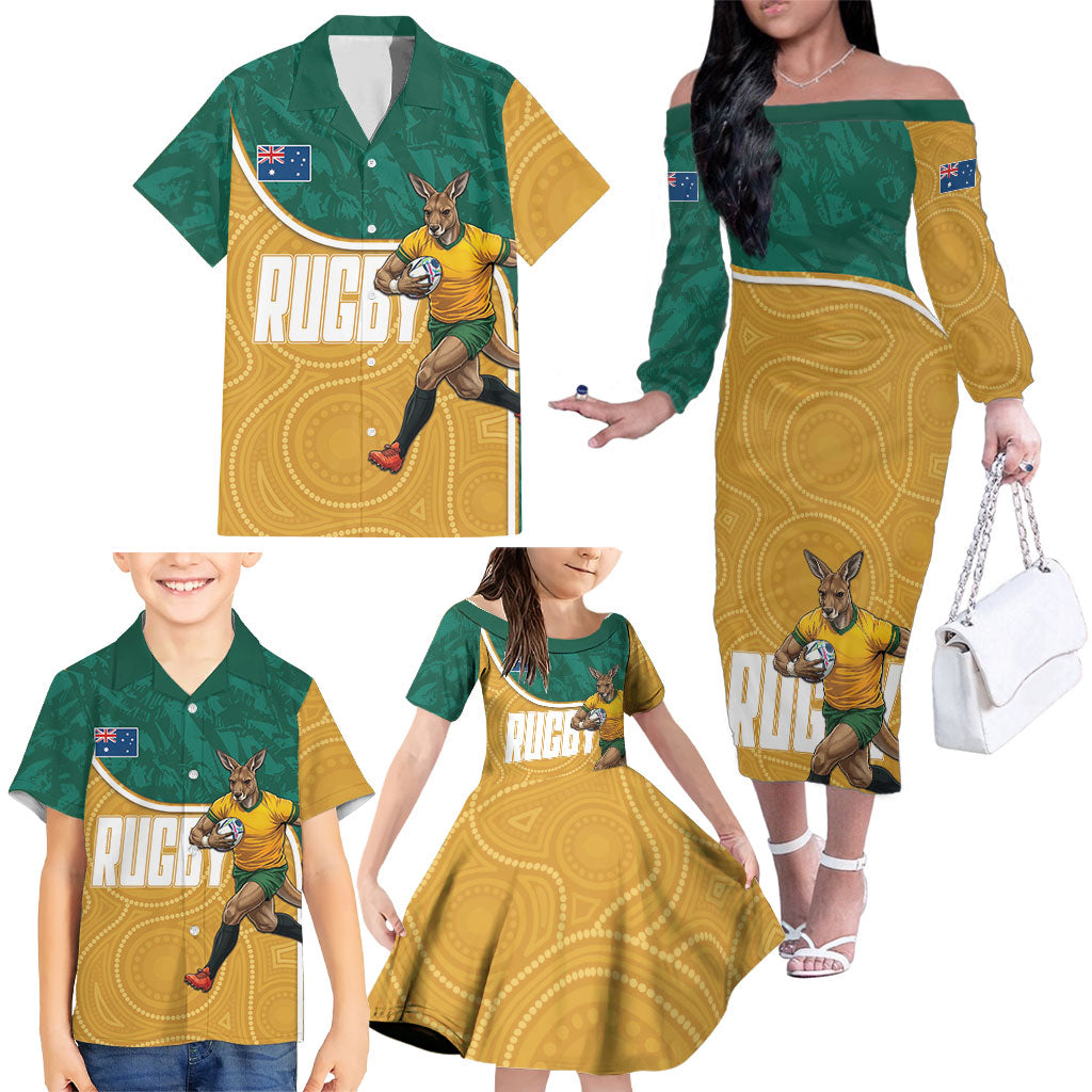 Personalised Australia Rugby Family Matching Off The Shoulder Long Sleeve Dress and Hawaiian Shirt Wallabies Kangaroo Player Aboriginal Pattern