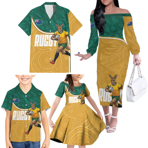 Personalised Australia Rugby Family Matching Off The Shoulder Long Sleeve Dress and Hawaiian Shirt Wallabies Kangaroo Player Aboriginal Pattern