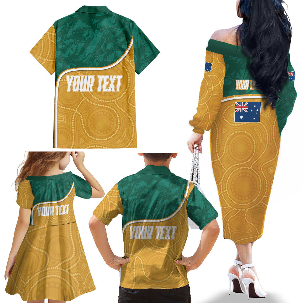 Personalised Australia Rugby Family Matching Off The Shoulder Long Sleeve Dress and Hawaiian Shirt Wallabies Kangaroo Player Aboriginal Pattern