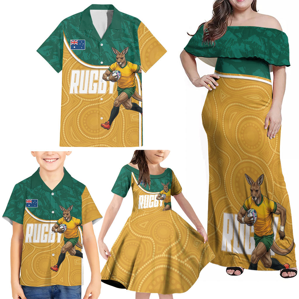 Personalised Australia Rugby Family Matching Off Shoulder Maxi Dress and Hawaiian Shirt Wallabies Kangaroo Player Aboriginal Pattern