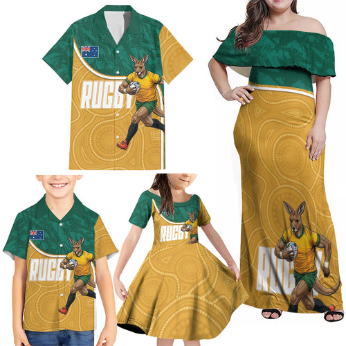 Personalised Australia Rugby Family Matching Off Shoulder Maxi Dress and Hawaiian Shirt Wallabies Kangaroo Player Aboriginal Pattern