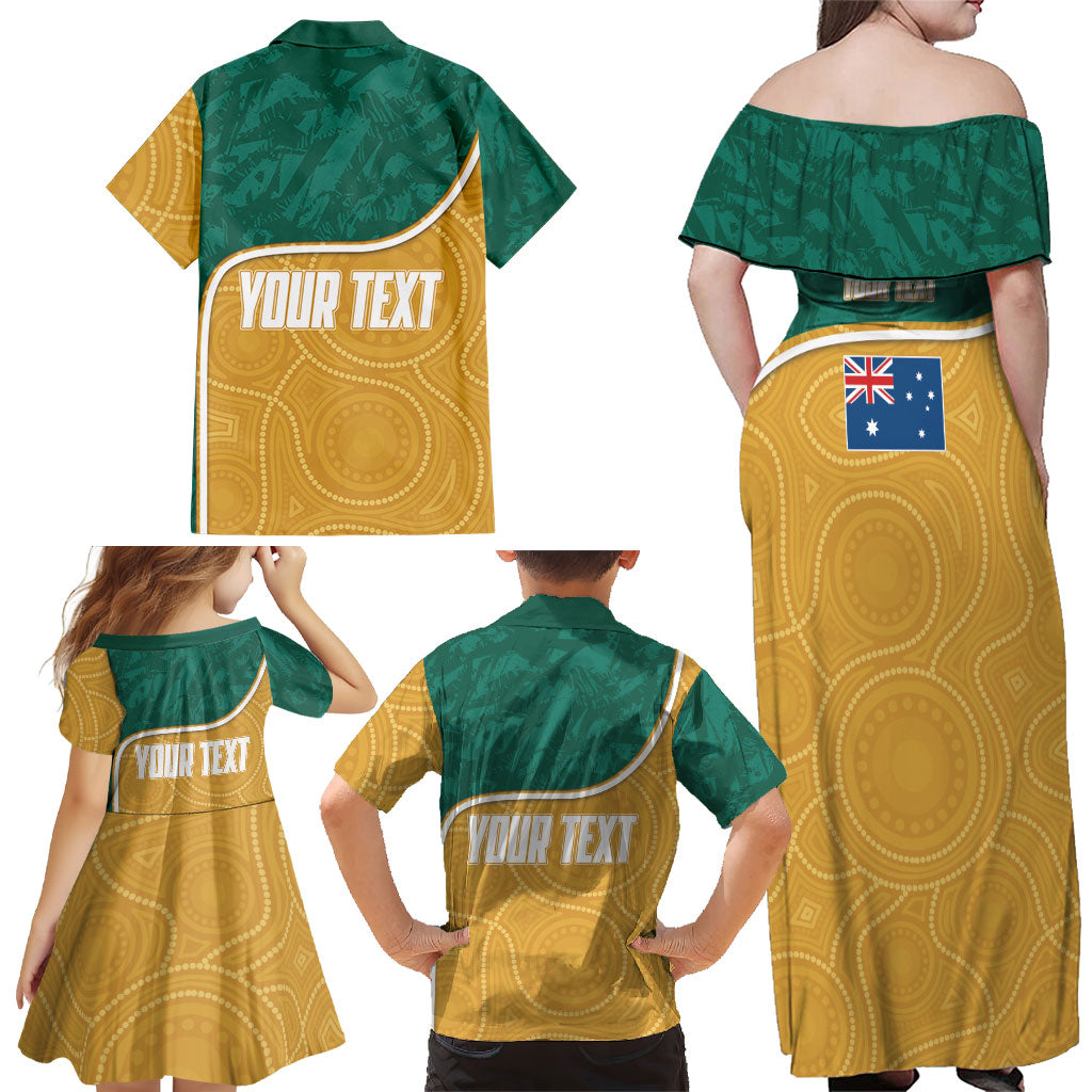 Personalised Australia Rugby Family Matching Off Shoulder Maxi Dress and Hawaiian Shirt Wallabies Kangaroo Player Aboriginal Pattern