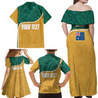 Personalised Australia Rugby Family Matching Off Shoulder Maxi Dress and Hawaiian Shirt Wallabies Kangaroo Player Aboriginal Pattern