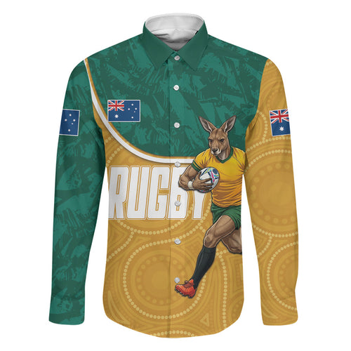 Personalised Australia Rugby Family Matching Off Shoulder Maxi Dress and Hawaiian Shirt Wallabies Kangaroo Player Aboriginal Pattern