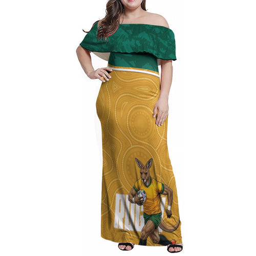 Personalised Australia Rugby Family Matching Off Shoulder Maxi Dress and Hawaiian Shirt Wallabies Kangaroo Player Aboriginal Pattern
