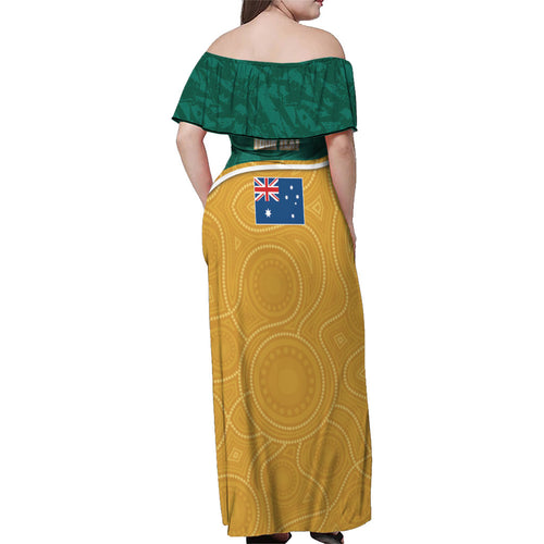 Personalised Australia Rugby Family Matching Off Shoulder Maxi Dress and Hawaiian Shirt Wallabies Kangaroo Player Aboriginal Pattern
