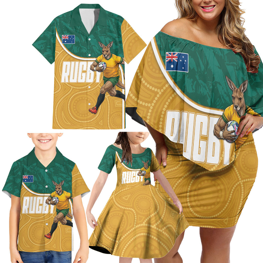 Personalised Australia Rugby Family Matching Off Shoulder Short Dress and Hawaiian Shirt Wallabies Kangaroo Player Aboriginal Pattern