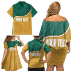 Personalised Australia Rugby Family Matching Off Shoulder Short Dress and Hawaiian Shirt Wallabies Kangaroo Player Aboriginal Pattern