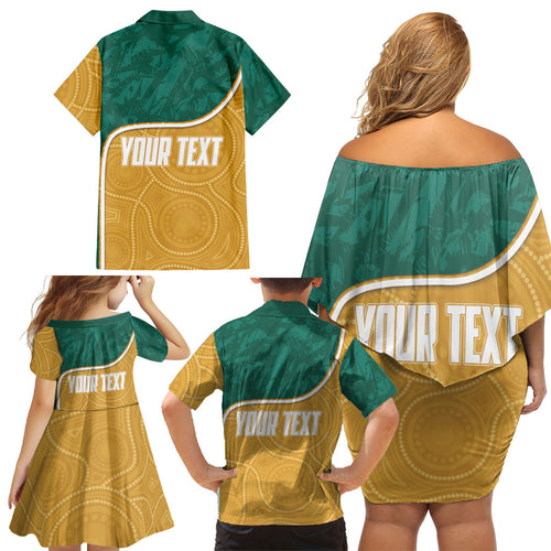 Personalised Australia Rugby Family Matching Off Shoulder Short Dress and Hawaiian Shirt Wallabies Kangaroo Player Aboriginal Pattern