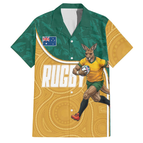 Personalised Australia Rugby Family Matching Off Shoulder Short Dress and Hawaiian Shirt Wallabies Kangaroo Player Aboriginal Pattern