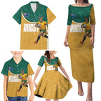 Personalised Australia Rugby Family Matching Puletasi and Hawaiian Shirt Wallabies Kangaroo Player Aboriginal Pattern