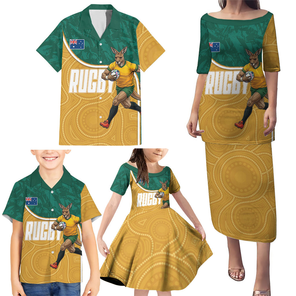 Personalised Australia Rugby Family Matching Puletasi and Hawaiian Shirt Wallabies Kangaroo Player Aboriginal Pattern