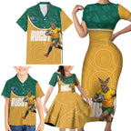 Personalised Australia Rugby Family Matching Short Sleeve Bodycon Dress and Hawaiian Shirt Wallabies Kangaroo Player Aboriginal Pattern