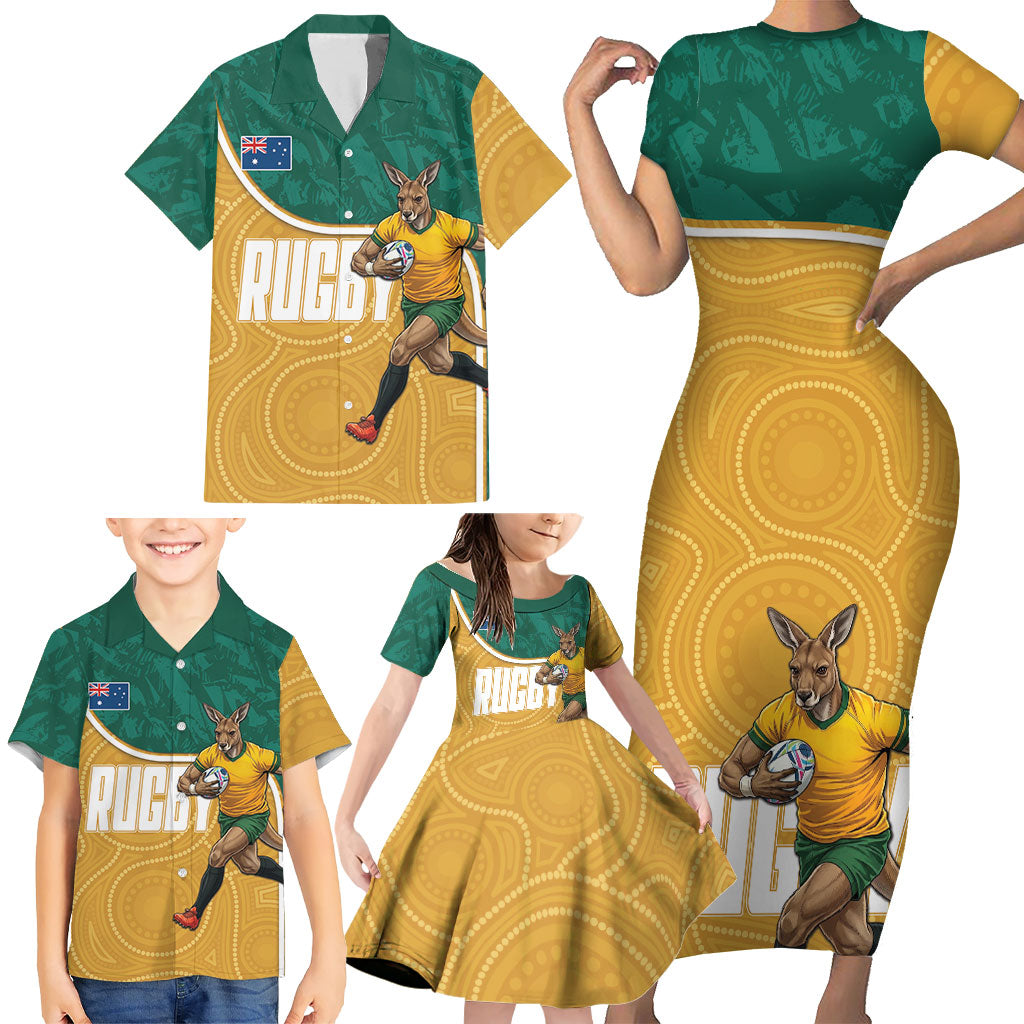 Personalised Australia Rugby Family Matching Short Sleeve Bodycon Dress and Hawaiian Shirt Wallabies Kangaroo Player Aboriginal Pattern