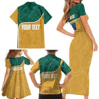 Personalised Australia Rugby Family Matching Short Sleeve Bodycon Dress and Hawaiian Shirt Wallabies Kangaroo Player Aboriginal Pattern
