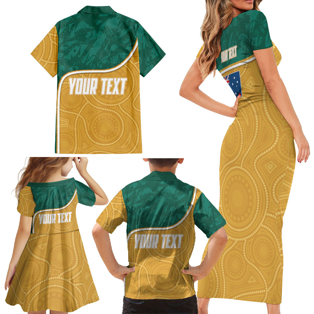 Personalised Australia Rugby Family Matching Short Sleeve Bodycon Dress and Hawaiian Shirt Wallabies Kangaroo Player Aboriginal Pattern