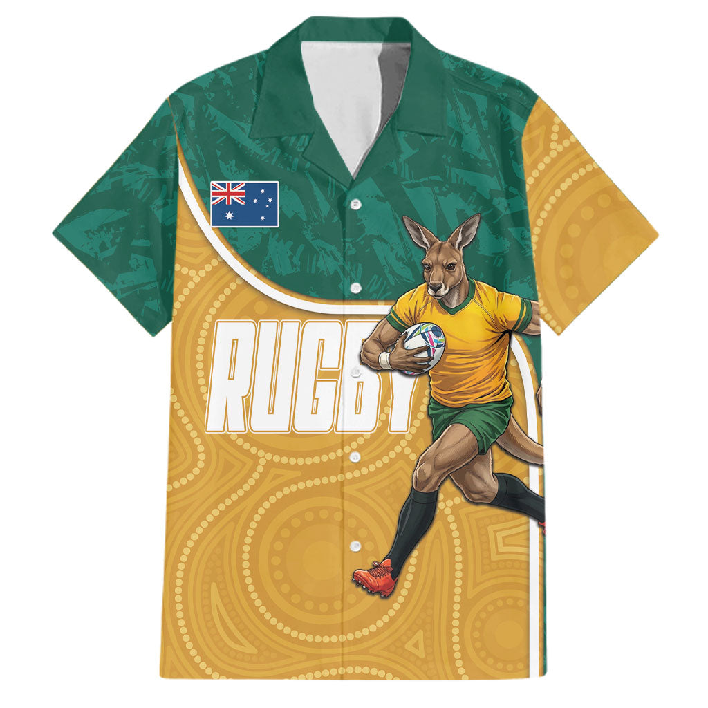 Personalised Australia Rugby Family Matching Short Sleeve Bodycon Dress and Hawaiian Shirt Wallabies Kangaroo Player Aboriginal Pattern