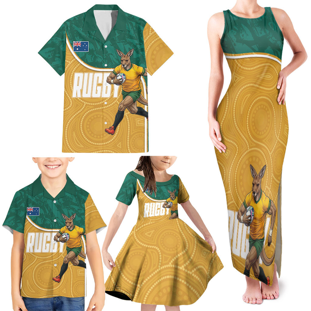Personalised Australia Rugby Family Matching Tank Maxi Dress and Hawaiian Shirt Wallabies Kangaroo Player Aboriginal Pattern