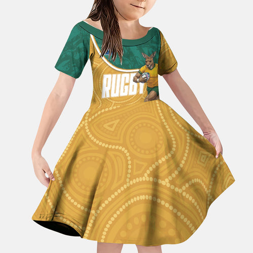 Personalised Australia Rugby Family Matching Tank Maxi Dress and Hawaiian Shirt Wallabies Kangaroo Player Aboriginal Pattern