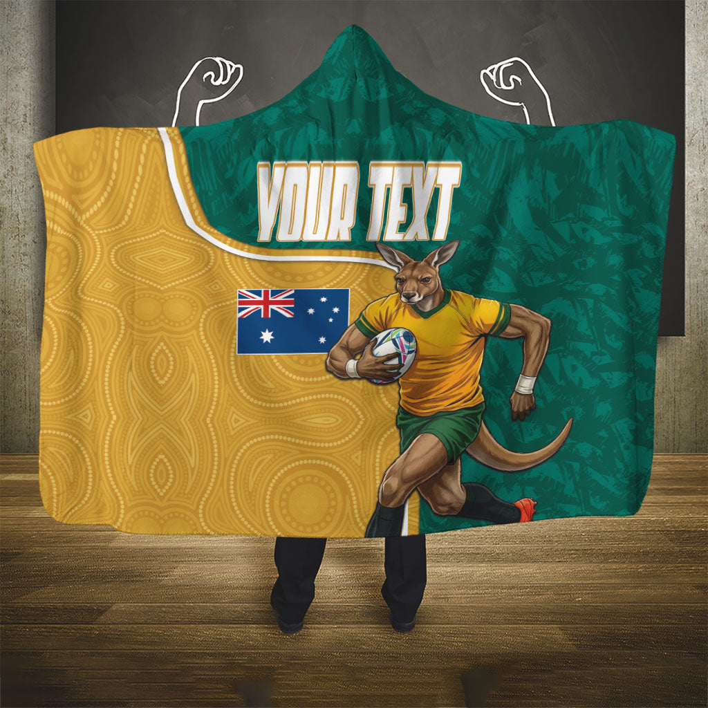 Personalised Australia Rugby Hooded Blanket Wallabies Kangaroo Player Aboriginal Pattern