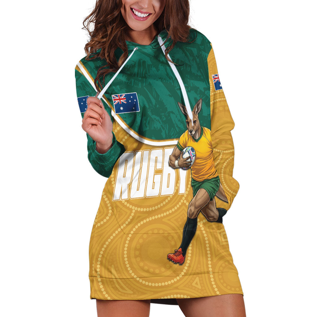 Personalised Australia Rugby Hoodie Dress Wallabies Kangaroo Player Aboriginal Pattern
