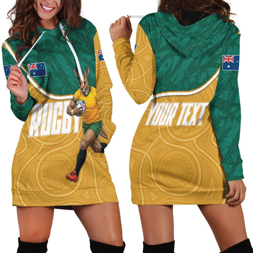 Personalised Australia Rugby Hoodie Dress Wallabies Kangaroo Player Aboriginal Pattern