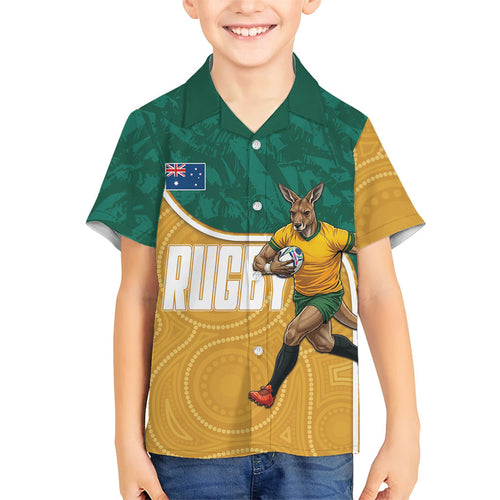 Personalised Australia Rugby Kid Hawaiian Shirt Wallabies Kangaroo Player Aboriginal Pattern