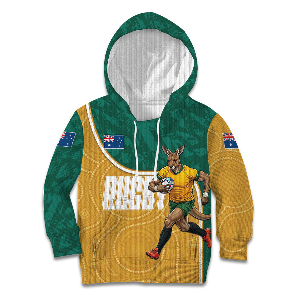 Personalised Australia Rugby Kid Hoodie Wallabies Kangaroo Player Aboriginal Pattern