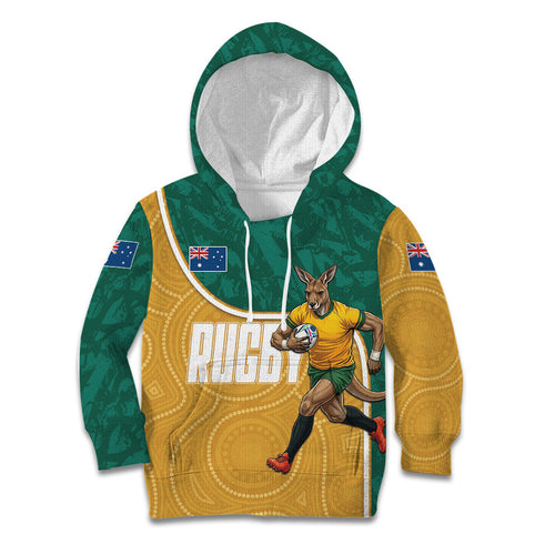 Personalised Australia Rugby Kid Hoodie Wallabies Kangaroo Player Aboriginal Pattern