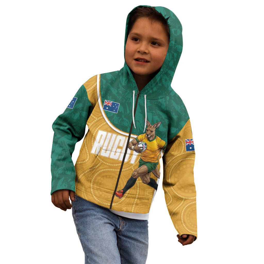Personalised Australia Rugby Kid Hoodie Wallabies Kangaroo Player Aboriginal Pattern