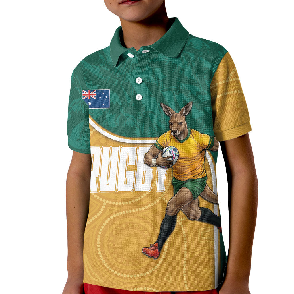 Personalised Australia Rugby Kid Polo Shirt Wallabies Kangaroo Player Aboriginal Pattern