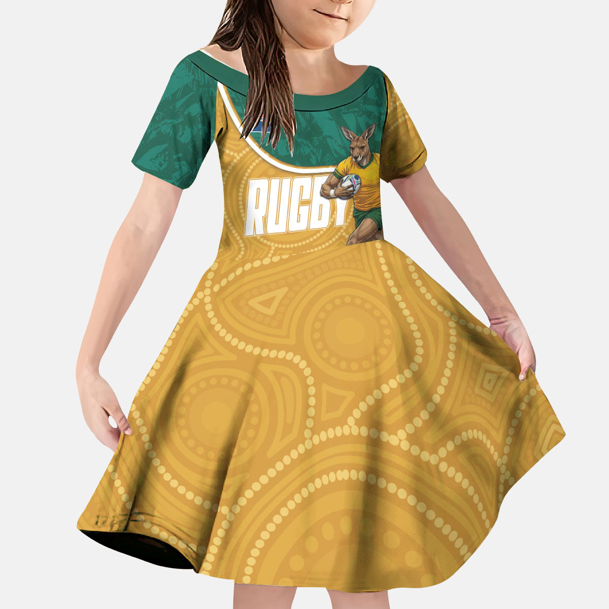 Personalised Australia Rugby Kid Short Sleeve Dress Wallabies Kangaroo Player Aboriginal Pattern