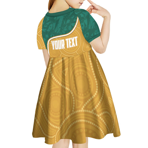 Personalised Australia Rugby Kid Short Sleeve Dress Wallabies Kangaroo Player Aboriginal Pattern