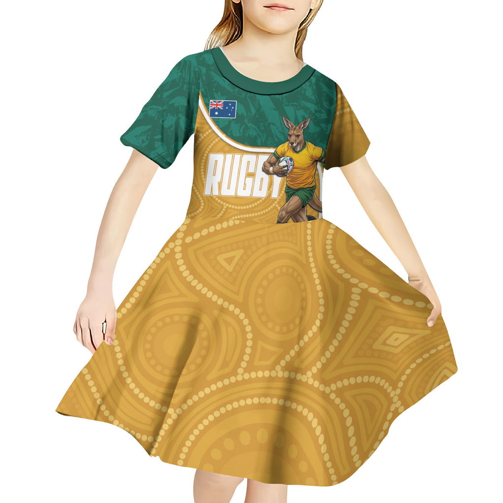 Personalised Australia Rugby Kid Short Sleeve Dress Wallabies Kangaroo Player Aboriginal Pattern