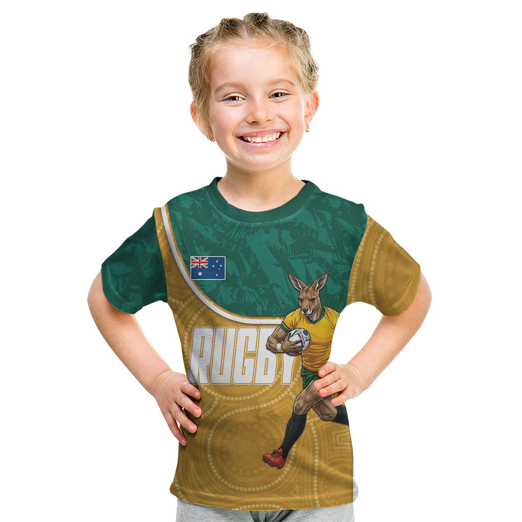 Personalised Australia Rugby Kid T Shirt Wallabies Kangaroo Player Aboriginal Pattern