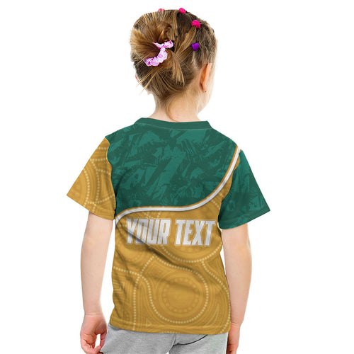 Personalised Australia Rugby Kid T Shirt Wallabies Kangaroo Player Aboriginal Pattern