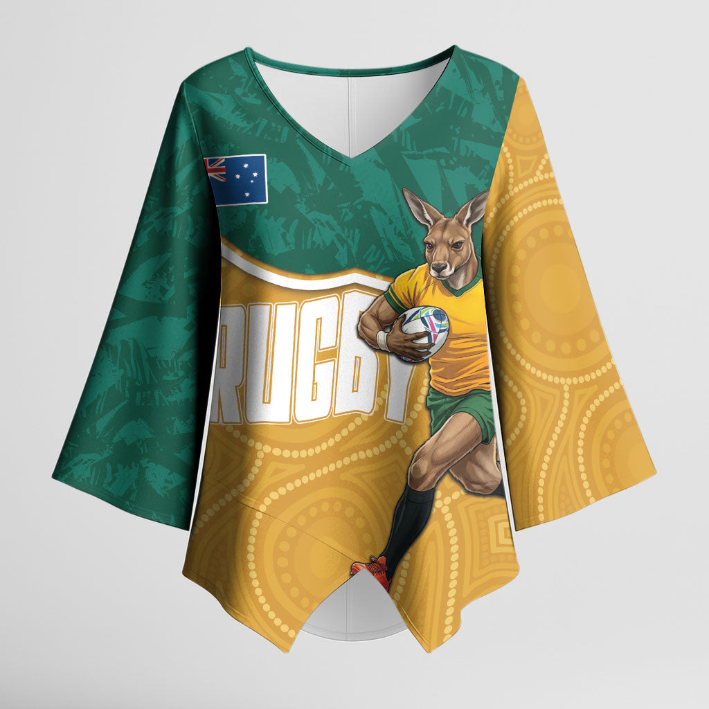 Personalised Australia Rugby Kimono Sleeve Blouse Wallabies Kangaroo Player Aboriginal Pattern