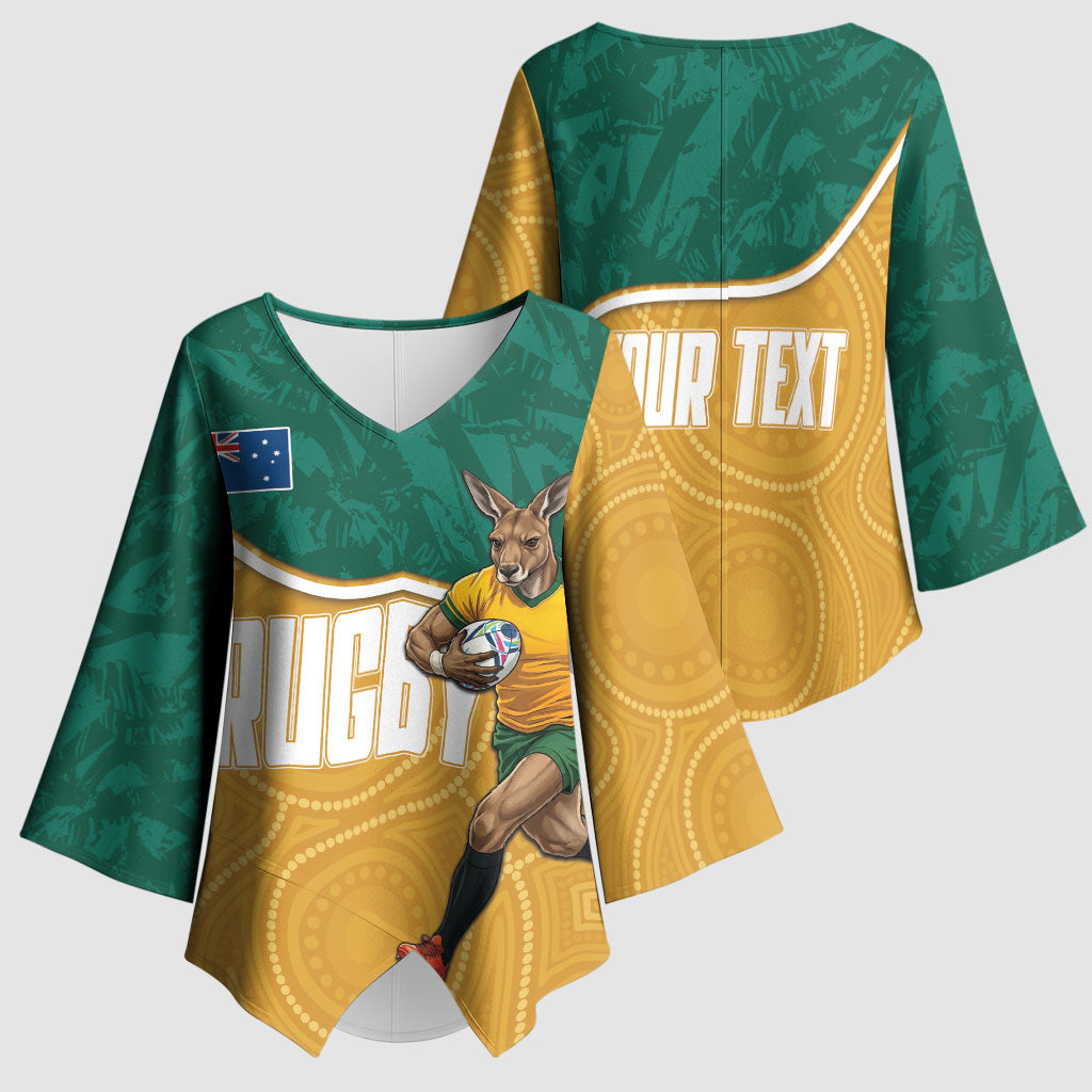 Personalised Australia Rugby Kimono Sleeve Blouse Wallabies Kangaroo Player Aboriginal Pattern