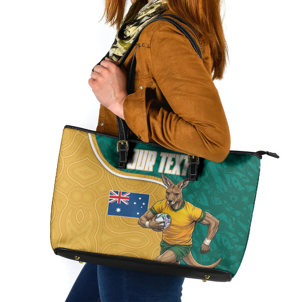 Personalised Australia Rugby Leather Tote Bag Wallabies Kangaroo Player Aboriginal Pattern