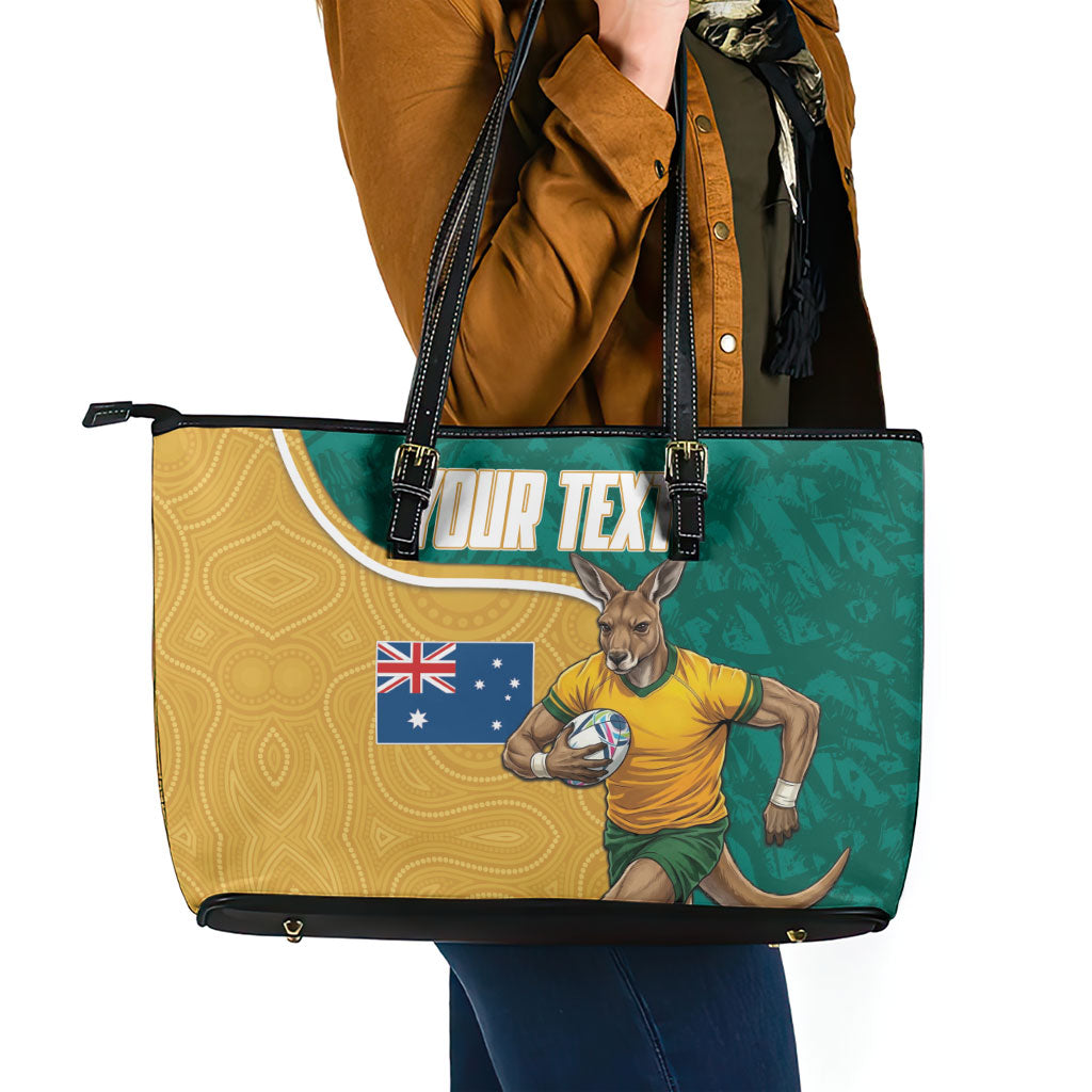 Personalised Australia Rugby Leather Tote Bag Wallabies Kangaroo Player Aboriginal Pattern