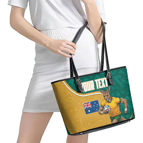 Personalised Australia Rugby Leather Tote Bag Wallabies Kangaroo Player Aboriginal Pattern