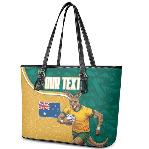 Personalised Australia Rugby Leather Tote Bag Wallabies Kangaroo Player Aboriginal Pattern