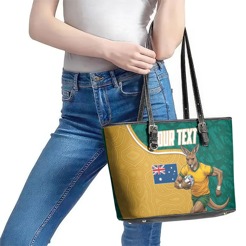Personalised Australia Rugby Leather Tote Bag Wallabies Kangaroo Player Aboriginal Pattern