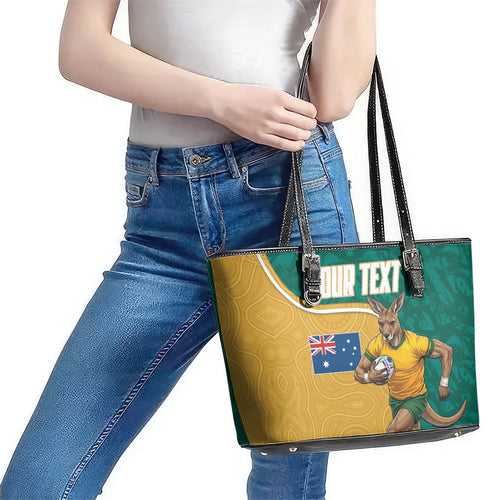 Personalised Australia Rugby Leather Tote Bag Wallabies Kangaroo Player Aboriginal Pattern
