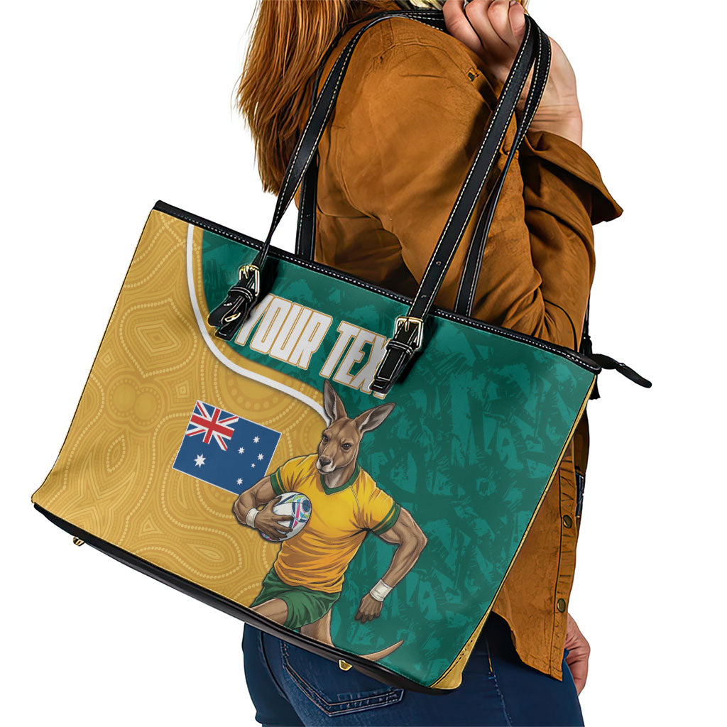 Personalised Australia Rugby Leather Tote Bag Wallabies Kangaroo Player Aboriginal Pattern