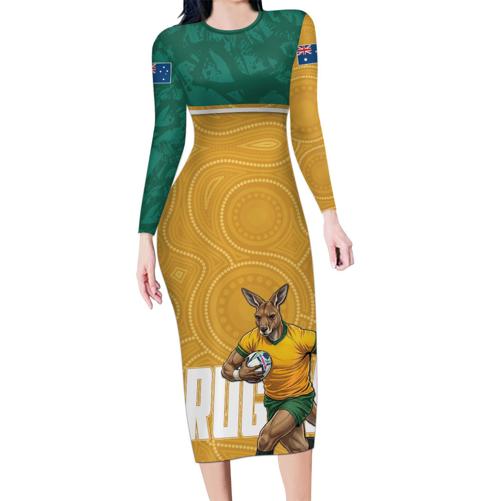 Personalised Australia Rugby Long Sleeve Bodycon Dress Wallabies Kangaroo Player Aboriginal Pattern