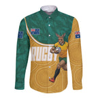 Personalised Australia Rugby Long Sleeve Button Shirt Wallabies Kangaroo Player Aboriginal Pattern