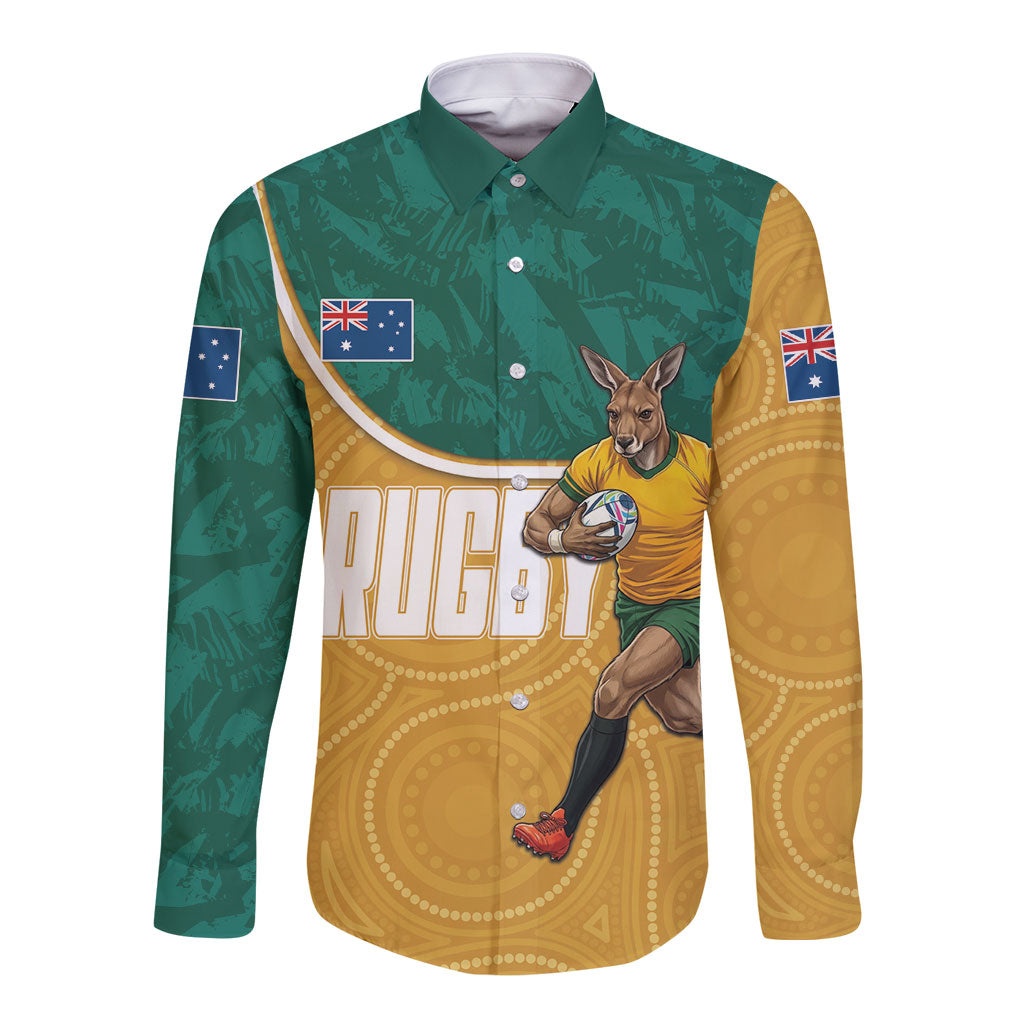 Personalised Australia Rugby Long Sleeve Button Shirt Wallabies Kangaroo Player Aboriginal Pattern